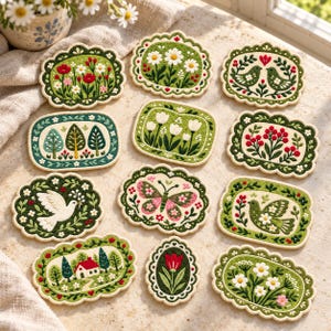 May include: A collection of twelve oval and rectangular embroidered felt patches featuring nature-inspired motifs including flowers, birds, a butterfly, a house, and trees, all with scalloped edges and detailed green, red, and white stitching.