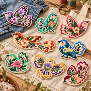 May include: A collection of eight embroidered bird patches featuring vibrant floral patterns in shades of purple, teal, pink, orange, blue, and yellow. Each patch displays intricate stitching details, scalloped wing edges, and stylized botanical motifs.
