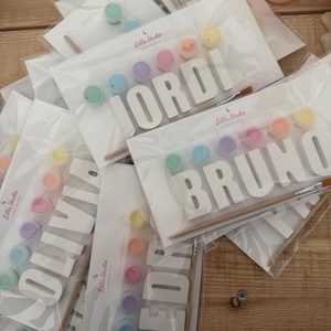 Op de afbeelding: Een verzameling doe-het-zelf knutselpakketten in doorzichtige plastic verpakking, elk met een witte 3D-naam, een houten penseel en een strip met zes pastelkleurige verfpotjes. Het Lilla Studio-logo staat op de witte achtergrondkaart gedrukt.