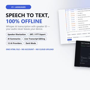 Offline AI Audio Transcriber, Whisper Speech-to-Text, Speaker ID, 37+ Languages (Digital Download)