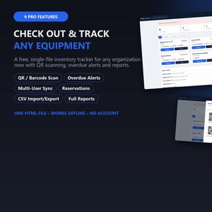 Equipment Checkout Tracker with QR Barcode Scanning, Asset Inventory Software, Overdue Alerts, Reports, Offline HTML App