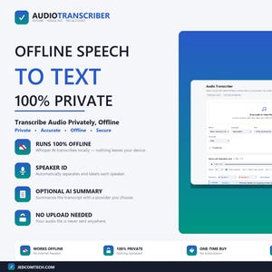 Peut inclure: Une interface logicielle pour AudioTranscriber, un outil de transcription vocale hors ligne. Le graphique présente des fonctionnalités telles que la transcription 100 % privée, l'identification des locuteurs et des résumés IA.