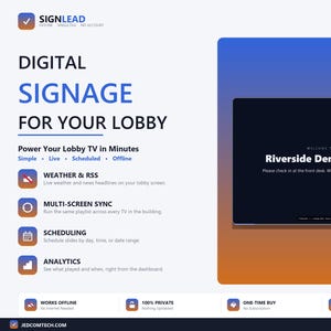 Könnte beinhalten: Eine digitale Beschilderungssoftware für Lobby-Fernseher mit dem Text SIGNLEAD, DIGITAL SIGNAGE FOR YOUR LOBBY und einer Bildschirmanzeige für Riverside Dental Clinic. Das Layout enthält Symbole für Wetter, Synchronisierung, Zeitplanung und Analysen.