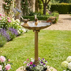 May include: A bronze-coloured bird bath featuring a scalloped basin supported by a central pedestal and a circular base. The base is surrounded by a planter filled with white, pink, and purple flowers. A blue tit and a robin are perched on the rim.