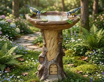Tree House Bird Feeder Statue | Rustic Resin Garden Sculpture, Cottagecore Wildlife Decor