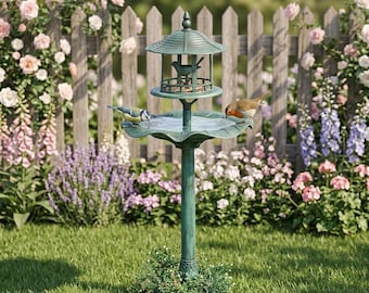 Verdigris Green Resin 3-in-1 Bird Bath, Feeder & Planter, Cottage Garden Yard Decor