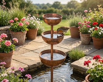 3-Tier Metal Garden Bird Bath | Bee Water Feeder, Plant Support Stake (68cm Tall)