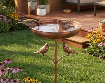 Vaschetta per uccelli in rame con decorazioni a forma di passero / Decorazione da giardino in ferro antiruggine