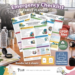 May include: A digital emergency checklist family planner bundle featuring four printable sheets with sections for home readiness, go-bag essentials, and communication plans. The documents include text, icons, and mountain illustrations for disaster preparedness.