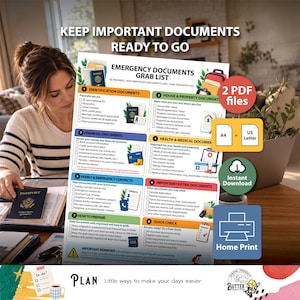 May include: A digital emergency documents grab list checklist featuring eight categorized sections for identification, financial, medical, and property records. The document includes checkboxes, icons, and text, available as A4 and US Letter PDF files.