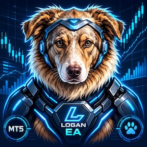 Può includere: Un'illustrazione digitale di un cane marrone e bianco che indossa un visore e un'armatura metallica futuristica. La piastra pettorale presenta il testo LOGAN EA e la lettera L. Lo sfondo mostra grafici finanziari blu, il testo MT5 e un'impronta.