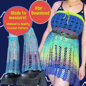 May include: A crochet pattern for a rainbow ombre dress and matching leg warmers. The pattern is available as a PDF download. The text on the image reads "Made to measure! Chained to Reality Crochet Pattern" and "PDF - Download".