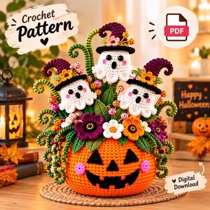 May include: A crochet pattern digital download featuring a large orange jack-o'-lantern base with a black face, topped with three white ghosts wearing purple witch hats, surrounded by colorful crocheted flowers, green leaves, and curly vines.
