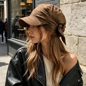 May include: A brown baseball cap with a textured, grid-like pattern on the fabric. The cap features a structured brim and a gathered, draped design at the back, finished with a fabric tie detail that hangs down on the side of the head.