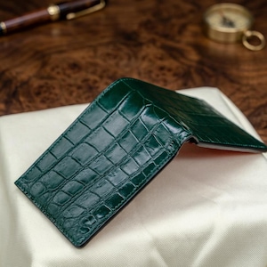 Green Alligator Wallet: Handmade Luxury Bifold Wallet with Red Python Leather Interior | Exotic Leather Wallet for Men – Personalized Gift