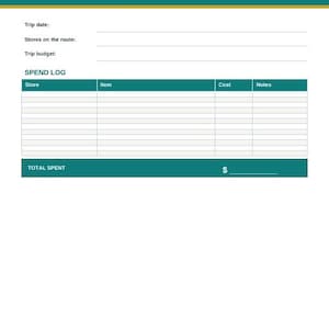 May include: A teal and white sourcing trip planner document with the text SELLERSIDEKICK SOURCING TRIP PLANNER. It includes fields for trip date, stores on the route, trip budget, and a spend log table with columns for store, item, cost, and notes.