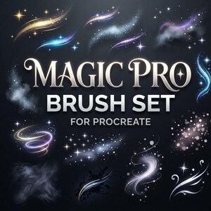Op de afbeelding: Een digitale penseelset voor Procreate getiteld MAGIC PRO BRUSH SET FOR PROCREATE, met diverse gloeiende lichteffecten, sprankelende sterpatronen, wervelende nevels en etherische rooksporen in goud, blauw, paars en wit.