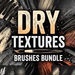 Può includere: Una grafica digitale con il testo DRY TEXTURES BRUSHES BUNDLE in lettere bianche e sfumate in arancione. Un'icona di pennello orizzontale si trova sotto il testo. Lo sfondo mostra vari tratti di pennello testurizzati neri, bianchi e arancioni.