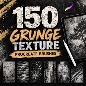 May include: A digital product display featuring the text 150 GRUNGE TEXTURE PROCREATE BRUSHES in white and tan on a black background. A tablet shows a tree silhouette with a grunge effect, accompanied by a white stylus and six texture samples.
