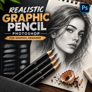 Può includere: Un set di strumenti di progettazione grafica digitale con quattro matite nere etichettate 6B, 4B, 2B e HB, un temperino e lo schizzo di un volto. Il testo recita REALISTIC GRAPHIC PENCIL PHOTOSHOP FOR GRAPHIC DESIGNER con un'icona Ps.