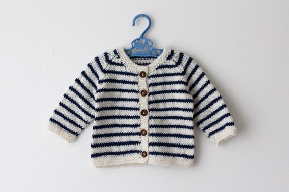 Items similar to Ivory/Blue - Merino Baby Cardigan 0-6 Months on Etsy