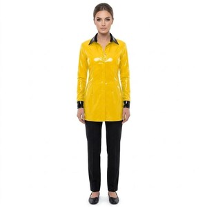 May include: A long-sleeved yellow shirt with a glossy, patent-like finish, featuring a pointed black collar and black cuffs. The shirt has a central button-down placket and is paired with slim-fit black trousers and simple black flat shoes.