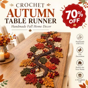 Crochet Autumn Leaf Table Runner Pattern, Fall Botanical Decor, Acorn & Berry PDF