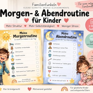 Op de afbeelding: Twee printbare routinekaarten voor kinderen met de titel Morgen- & Abendroutine für Kinder. De gele kaart toont een zon en ochtendtaken, de blauwe kaart toont een maan en avondtaken, beide voorzien van selectievakjes en illustraties.
