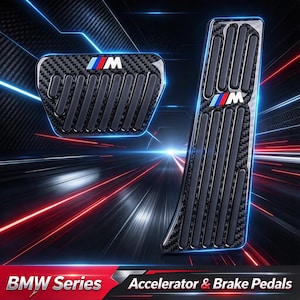 May include: A set of two car pedals featuring a carbon fiber pattern finish and black rubber grip strips. Each pedal displays the M logo with blue, purple, and red stripes. The text BMW Series Accelerator & Brake Pedals is visible.