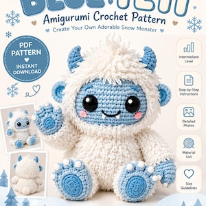 May include: A digital crochet pattern for a Blue Yeti amigurumi, featuring a fluffy white and light blue creature with large black eyes, small horns, and pink cheeks. The document includes text, photos, and icons for intermediate level crafters.