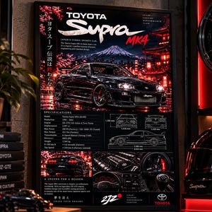May include: A framed poster featuring a black Toyota Supra MK4 sports car against a backdrop of Mount Fuji and a Japanese temple. The print includes technical specifications, engine diagrams, a gear shifter, and the text Toyota Supra MK4.