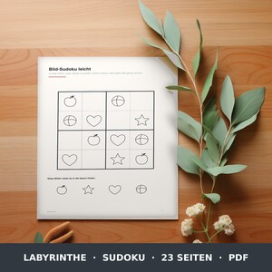 Könnte beinhalten: Ein weißes Blatt Papier mit einem Bild-Sudoku-Rätsel mit schwarzen Strichzeichnungen von einem Apfel, einem Herz, einem Stern und einem Ball. Der Text lautet Bild-Sudoku leicht und enthält Anweisungen zum Ausfüllen der leeren Felder mit den Symbolen.