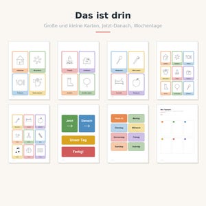 Può includere: Un set di schede attività stampabili con icone per routine quotidiane, giorni della settimana e intestazioni di pianificazione. Il testo include 'Das ist drin', 'Große und kleine Karten, Jetzt-Danach, Wochentage', 'Jetzt', 'Danach', 'Unser Tag', 'Fertig!', 'Heute ist' e i giorni della settimana.