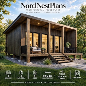 May include: Architectural house plans by Nord NestPlans for a single-story dwelling. The structure features dark wood siding, a covered terrace, and large glass doors. Specifications include 1 bedroom, 1 bathroom, a 22' by 26' footprint, and a 22' by 4'6" terrace.