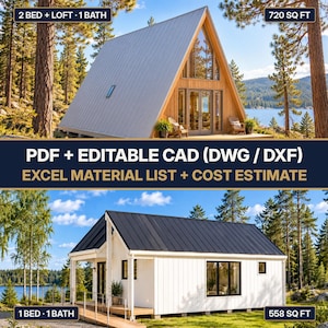 2 Blockhauspläne im Paket | A-Rahmen-Blockhaus mit 2 Schlafzimmern und Galerie & modernes Blockhaus mit 1 Schlafzimmer und Glasgiebel | PDF + DWG CAD