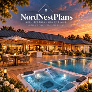 May include: A luxury house exterior at sunset featuring a swimming pool, a hot tub, and a wooden deck with outdoor furniture. The logo for NordNestPlans Architectural House Plans Modern Living Timeless Design is centered at the top of the image.