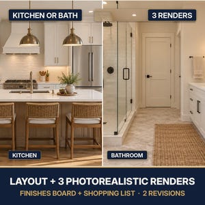 Op de afbeelding: Een gesplitste afbeelding met een keuken en een badkamer. Tekstlabels zijn onder andere KITCHEN OR BATH, 3 RENDERS, KITCHEN, BATHROOM en LAYOUT + 3 PHOTOREALISTIC RENDERS, FINISHES BOARD + SHOPPING LIST, 2 REVISIONS. De keuken heeft witte kasten, een kookeiland met drie gevlochten krukken en hanglampen. De badkamer toont een glazen douchecabine, een wit wastafelmeubel en een geweven loper.