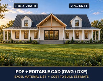 3 Bedroom One Story House Plans | 2,762 Sq Ft | 2 Bath | 3-Car Garage | PDF + DWG CAD + Excel Takeoff