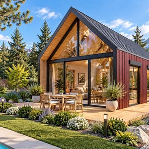 May include: A modern A-frame cabin with dark red vertical siding and a large glass front facade. The structure features a wooden deck with outdoor dining furniture, situated next to a swimming pool, surrounded by pine trees and mountain views.