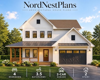 4 Bedroom House Plans, 2 Story Farmhouse Plan, 2 Car Garage