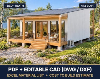1 Bedroom Tiny House Plan | 22x26 Modern Small Home | Covered Terraces (PDF + DWG CAD, Material List)