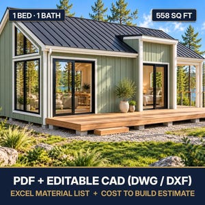 Plan de cabane vert sauge, maisonnette moderne à 1 chambre (PDF + CAO, liste des matériaux)