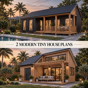 以下が含まれることがあります： 2 MODERN TINY HOUSE PLANSというテキストが記載された、2つの小さな家の建築レンダリング。上の家は黒い垂直の羽目板と木製のポーチが特徴です。下の家は天然木の羽目板、黒い金属製の屋根、パーゴラを備えています。