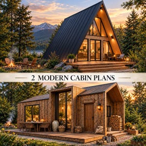 Op de afbeelding: Twee architecturale hutontwerpen met een zwarte A-frame structuur met houten terras en een rechthoekige houten hut met terras, zitplaatsen buiten en een vuurplaats. De tekst 2 MODERN CABIN PLANS staat gecentreerd tussen de twee afbeeldingen.
