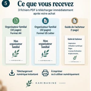 Puede incluir: Un conjunto de productos digitales con tres archivos PDF: un organizador familiar de 32 p&aacute;ginas en formato A4, un organizador familiar de 32 p&aacute;ginas en formato US Letter y una gu&iacute;a del comprador de 1 p&aacute;gina. Cada documento muestra el texto Mon organisateur familial y Karibanine.