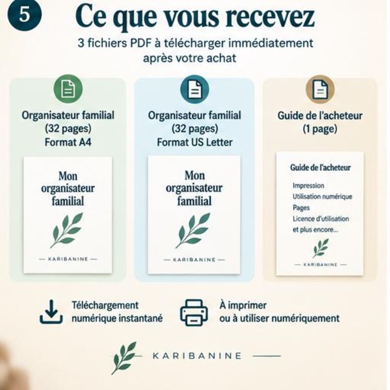 Puede incluir: Un conjunto de productos digitales con tres archivos PDF: un organizador familiar de 32 p&aacute;ginas en formato A4, un organizador familiar de 32 p&aacute;ginas en formato US Letter y una gu&iacute;a del comprador de 1 p&aacute;gina. Cada documento muestra el texto Mon organisateur familial y Karibanine.