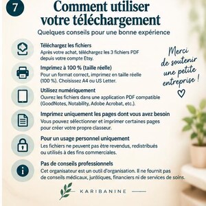 Puede incluir: Un gr&aacute;fico de instrucciones titulado Comment utiliser votre t&eacute;l&eacute;chargement con una lista numerada de seis iconos y texto en franc&eacute;s que explica c&oacute;mo descargar, imprimir y utilizar archivos PDF digitales, incluyendo un agradecimiento.