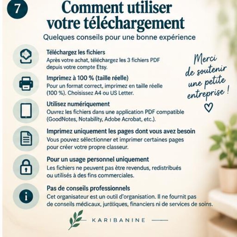 Puede incluir: Un gr&aacute;fico de instrucciones titulado Comment utiliser votre t&eacute;l&eacute;chargement con una lista numerada de seis iconos y texto en franc&eacute;s que explica c&oacute;mo descargar, imprimir y utilizar archivos PDF digitales, incluyendo un agradecimiento.