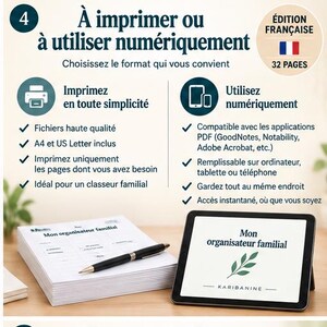 Puede incluir: Una gu&iacute;a organizadora familiar digital e imprimible de 32 p&aacute;ginas. La imagen muestra texto en franc&eacute;s, una pila de papel A4 con un bol&iacute;grafo negro y una tableta que muestra el t&iacute;tulo Mon organisateur familial y un icono de hoja verde.