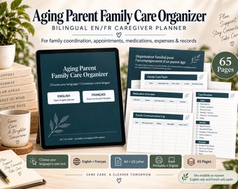 Puede incluir: Un organizador familiar de cuidados para padres mayores, planificador bilingüe que incluye una tableta con selección de idioma y páginas impresas para medicamentos, rutinas de cuidado y registros de comunicación, con 65 páginas en A4 y US Letter.